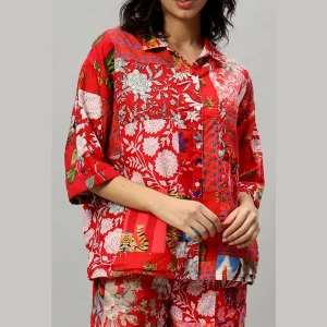 Red Cotton Oversized Patchwork Shirt Trouser Set - Image 5