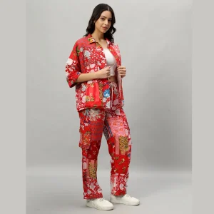Red Cotton Oversized Patchwork Shirt Trouser Set - Image 3