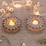 Round Floral Mandala Block Tea Light Holder Wood Block