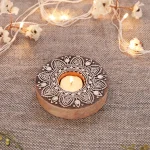 Round Floral Mandala Block Tea Light Holder Wood Block - Image 2