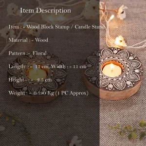 Round Floral Mandala Block Tea Light Holder Wood Block - Image 3