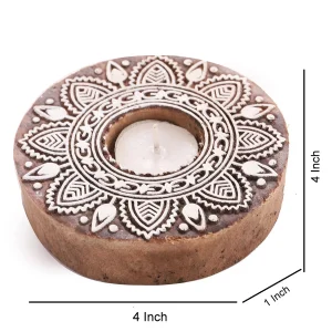 Round Floral Mandala Block Tea Light Holder Wood Block - Image 5