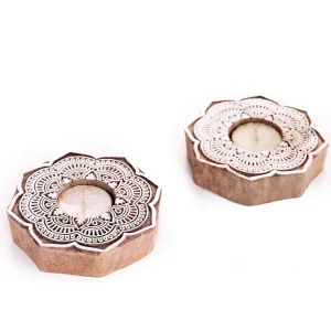 Round Rangoli Printing Wooden Block With Candle Holder - Image 4