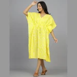 Women Beach Wear Yellow Floral Print Cotton Kaftan - Image 3