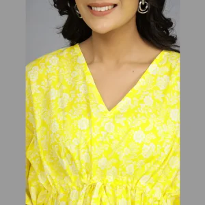 Women Beach Wear Yellow Floral Print Cotton Kaftan - Image 4