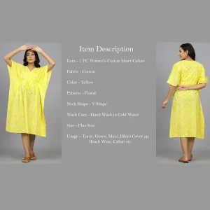 Women Beach Wear Yellow Floral Print Cotton Kaftan - Image 7