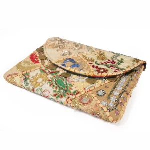 Women Beige Patchwork Embroidered Clutch Bag - Image 3