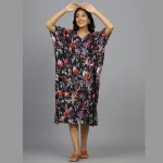 Women Black Bird Print Cotton Short Caftan - Image 2
