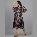 Women Black Bird Print Cotton Short Caftan - Image 3