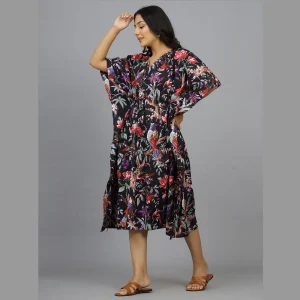 Women Black Bird Print Cotton Short Caftan - Image 3
