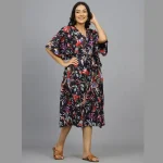Women Black Bird Print Cotton Short Caftan