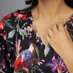 Women Black Bird Print Cotton Short Caftan - Image 4