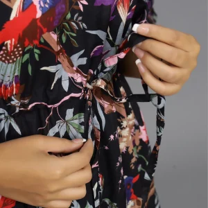 Women Black Bird Print Cotton Short Caftan - Image 5