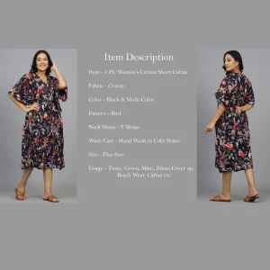 Women Black Bird Print Cotton Short Caftan - Image 7