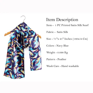 Women Navy Blue Feather Silk Feel Satin Scarf - Image 5