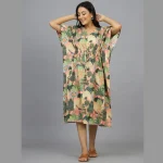 Women Peach Peacock Garden Kaftan Dress