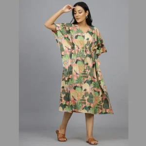 Women Peach Peacock Garden Kaftan Dress - Image 3