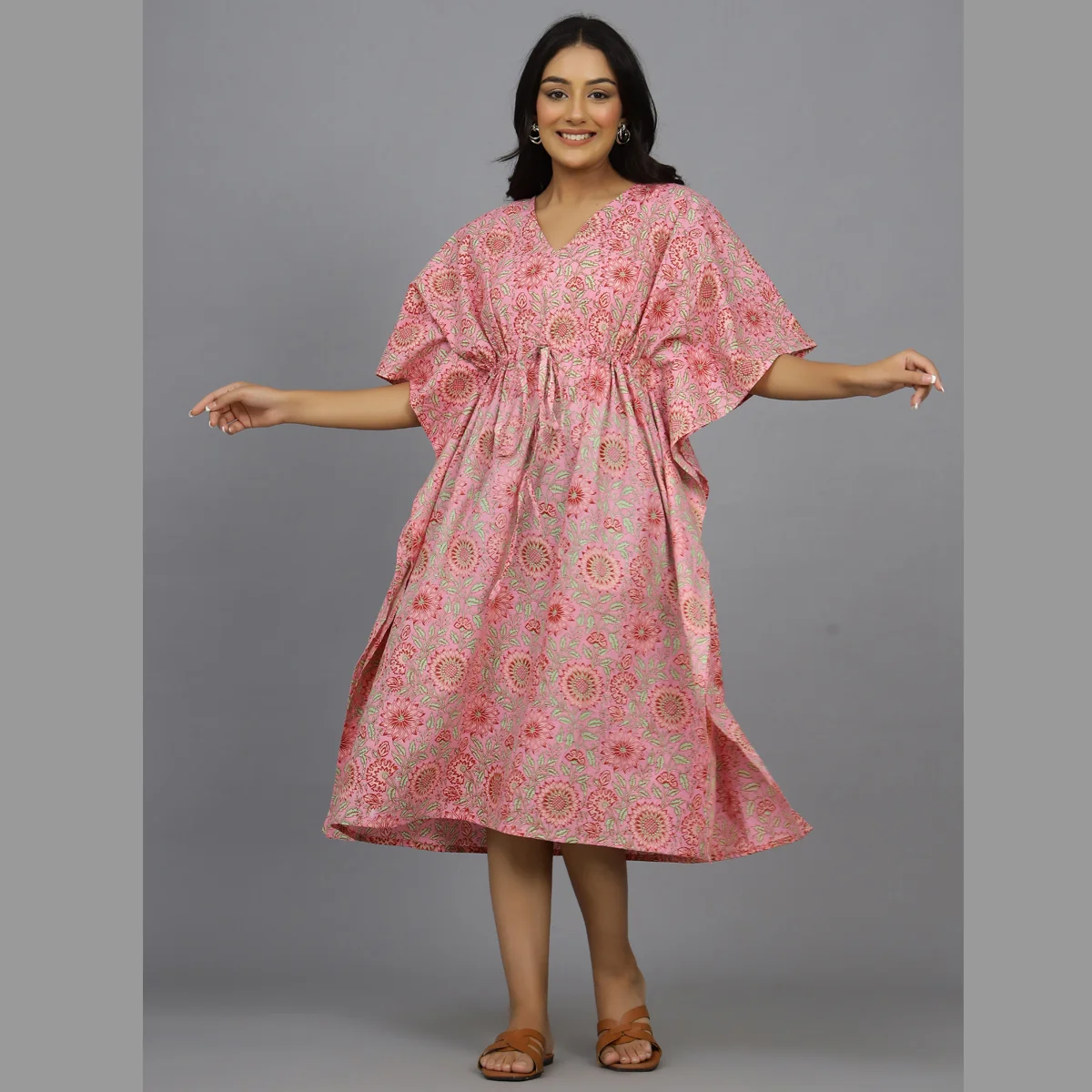 women-pink-floral-print-cotton-kaftan-dress KS-155 (1)