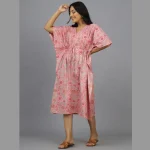 Women Pink Floral Print Cotton Kaftan Dress - Image 3