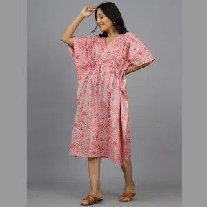 Women Pink Floral Print Cotton Kaftan Dress - Image 3