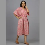 Women Pink Floral Print Cotton Kaftan Dress - Image 2