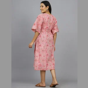 Women Pink Floral Print Cotton Kaftan Dress - Image 4