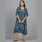 Women Rayon Soft Kaftan Dress Blue Leaf