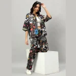 Women's Black Patchwork Co-ord Set Oversized Shirt & Trousers
