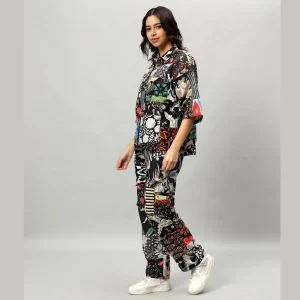 Women's Black Patchwork Co-ord Set Oversized Shirt & Trousers - Image 4