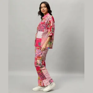 Oversized Pink Patchwork Shirt And Trousers For Women's - Image 4