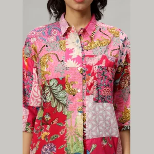 Oversized Pink Patchwork Shirt And Trousers For Women's - Image 5