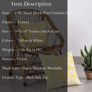Yellow Floral Print 16" Cotton Cushion Cover - Image 6