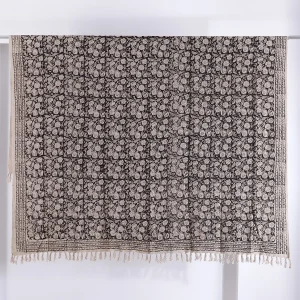 Beautiful Hand Block Print Throw Black Beige Floral Bed Throw - Image 6