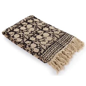 Beautiful Hand Block Print Throw Black Beige Floral Bed Throw - Image 4