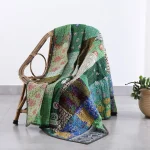 Cotton Patchwork Kantha Quilt Green Sofa Blanket