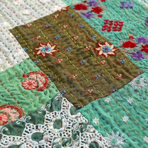 Cotton Patchwork Kantha Quilt Green Sofa Blanket - Image 3