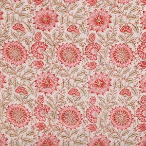 Indian 5 Yard Cotton Handcrafted Floral Print Beige Fabric - Image 4