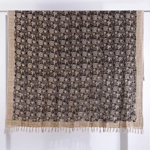 Indian Hand Block Floral Beige & Black Cotton Sofa Throw - Image 6