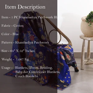 Indian Handmade Patchwork Kantha Quilt Blue Throw - Image 5