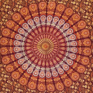 Maroon Peacock Feather Mandala Printed Single Bed Sheet - Image 3