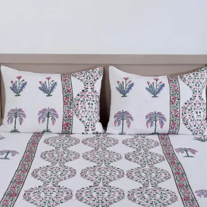 Mughal Floral Block Print Bed Cover With Pillow Set - Image 3