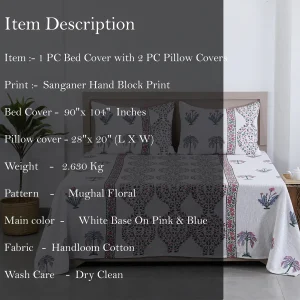 Mughal Floral Block Print Bed Cover With Pillow Set - Image 5