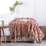 Red Beige Floral Printed Handloom Cotton Thorw