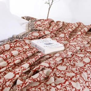 Red Beige Floral Printed Handloom Cotton Thorw - Image 3
