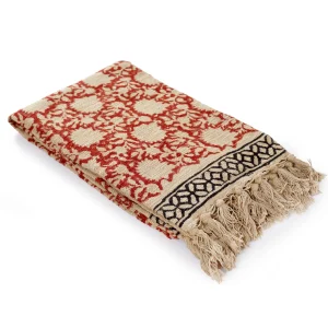 Red Beige Floral Printed Handloom Cotton Thorw - Image 4