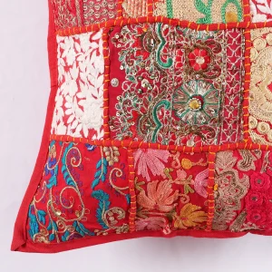 Red Patchwork Embroidered Square Cushion Cover 16" - Image 3