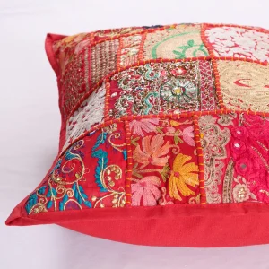 Red Patchwork Embroidered Square Cushion Cover 16" - Image 4