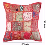 Red Patchwork Embroidered Square Cushion Cover 16" - Image 6