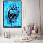 Turquoise Mandala Skull Print Cotton Tapestry