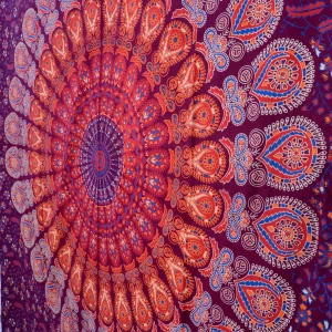 Violet Peacock Feather Mandala Printed Tapestry - Image 3